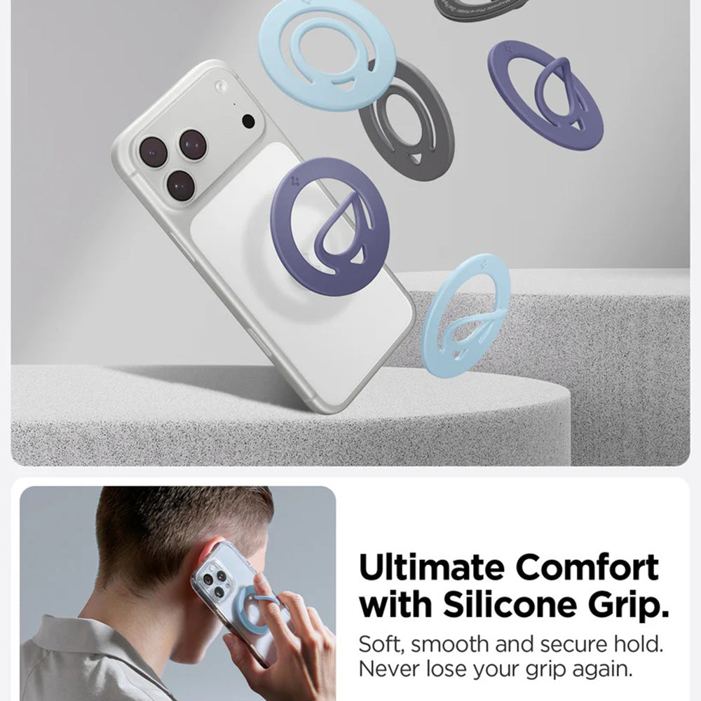 Suport Spigen Phone Ring Dual Pop MagSafe (AMP11368), with Flexible Finger Loop Grip, Dual Magnetic, Silicone, Albastru Deschis
