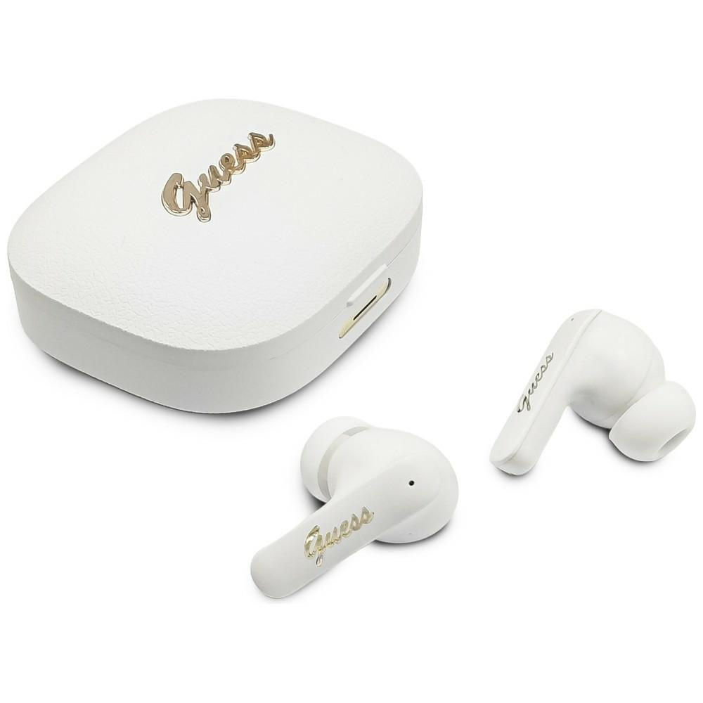 Casti Guess Script Metal Logo (GUTWSX45PGSH), Bluetooth V5.4, TWS, with Microphone, Type-C, 400mAh, Alb