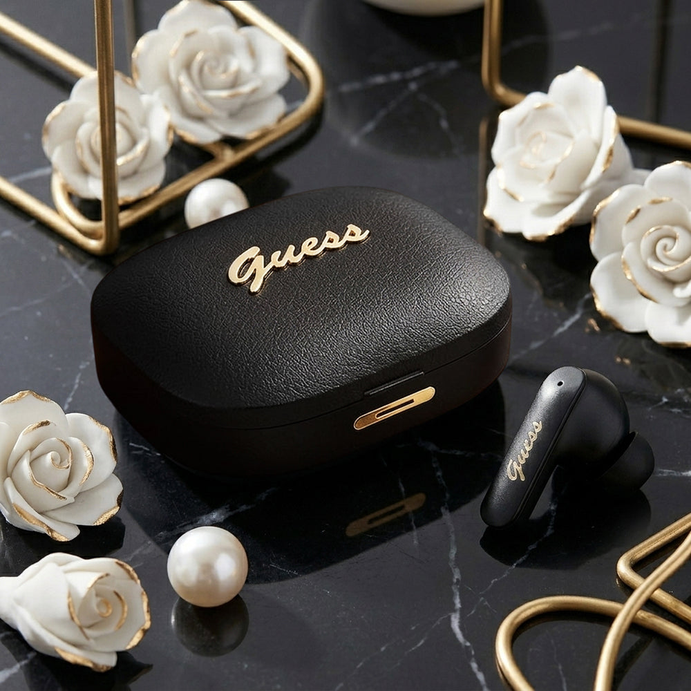 Casti Guess Script Metal Logo (GUTWSX45PGSK), Bluetooth V5.4, TWS, with Microphone, Type-C, 400mAh, Negru