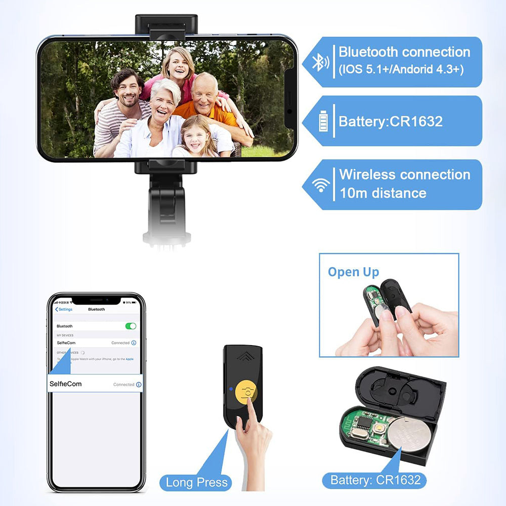 Suport Techsuit Selfie Stick (K07), Compact Tripod Mount with Bluetooth Remote Control, Foldable, 70cm, Negru