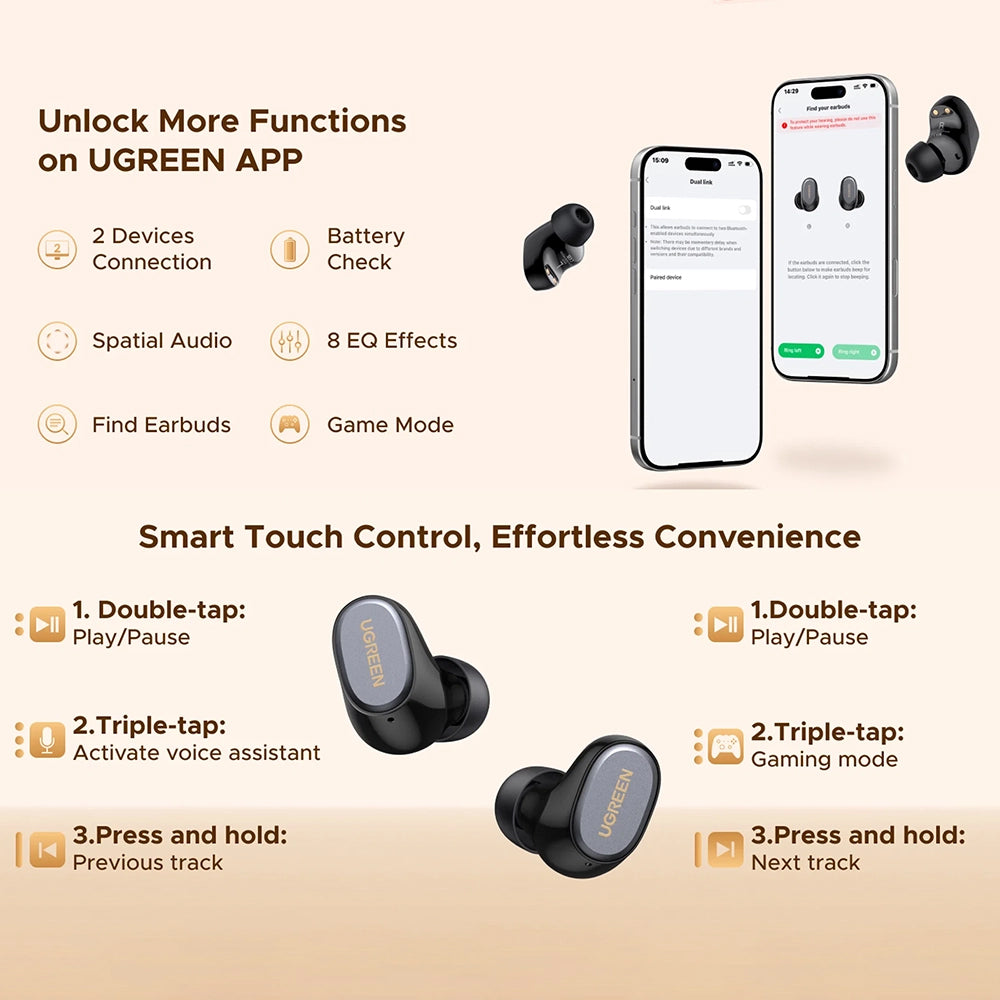 Ugreen Casti Ugreen Dots (75628), Bluetooth 6.0, Hi-Fi Sound, ENC Noise Reduction, HD Calls, IPX5, 500mAh, App, Negru –