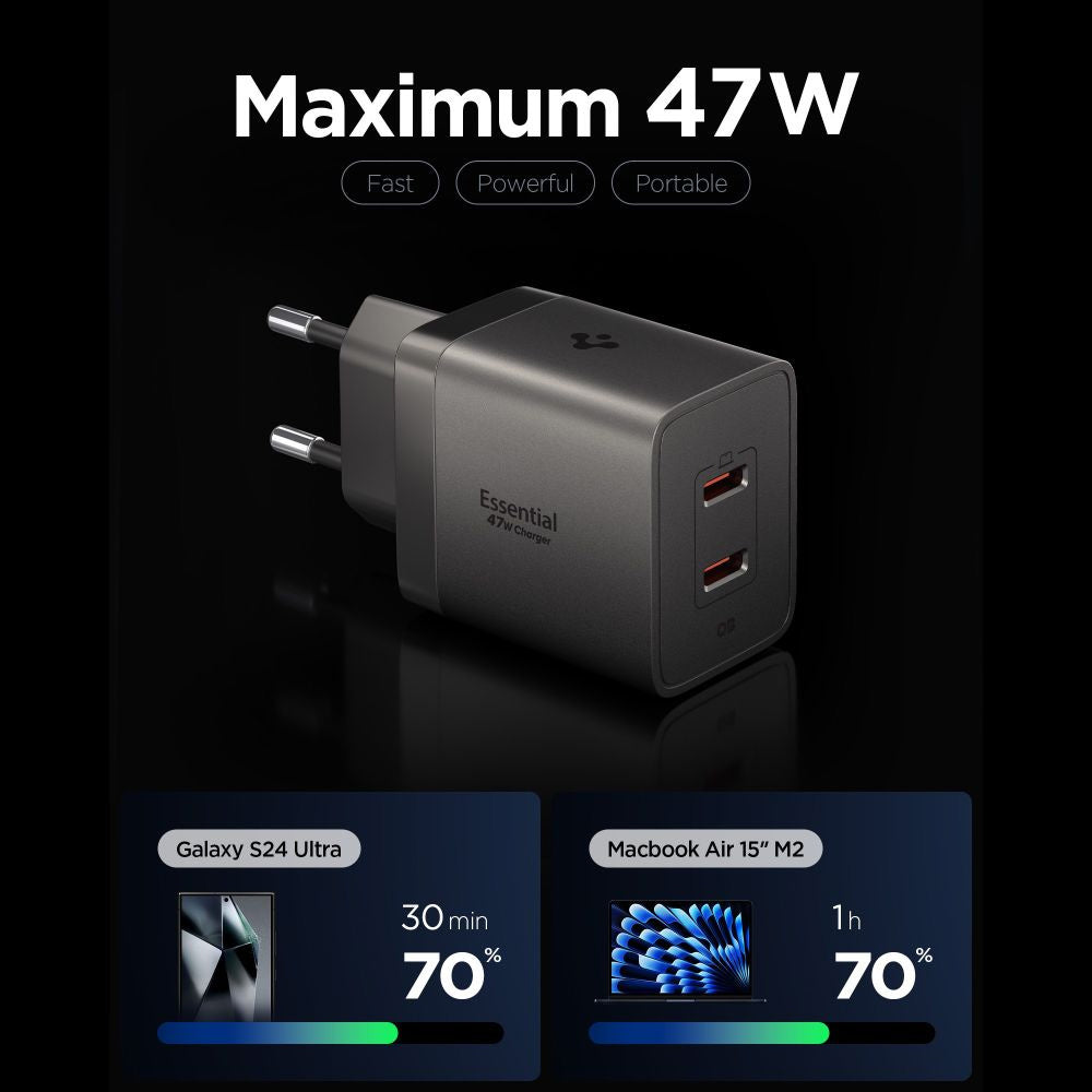 Incarcator Spigen (ACH10450), 2x Type-C, 47W, Fast Charging, Gri