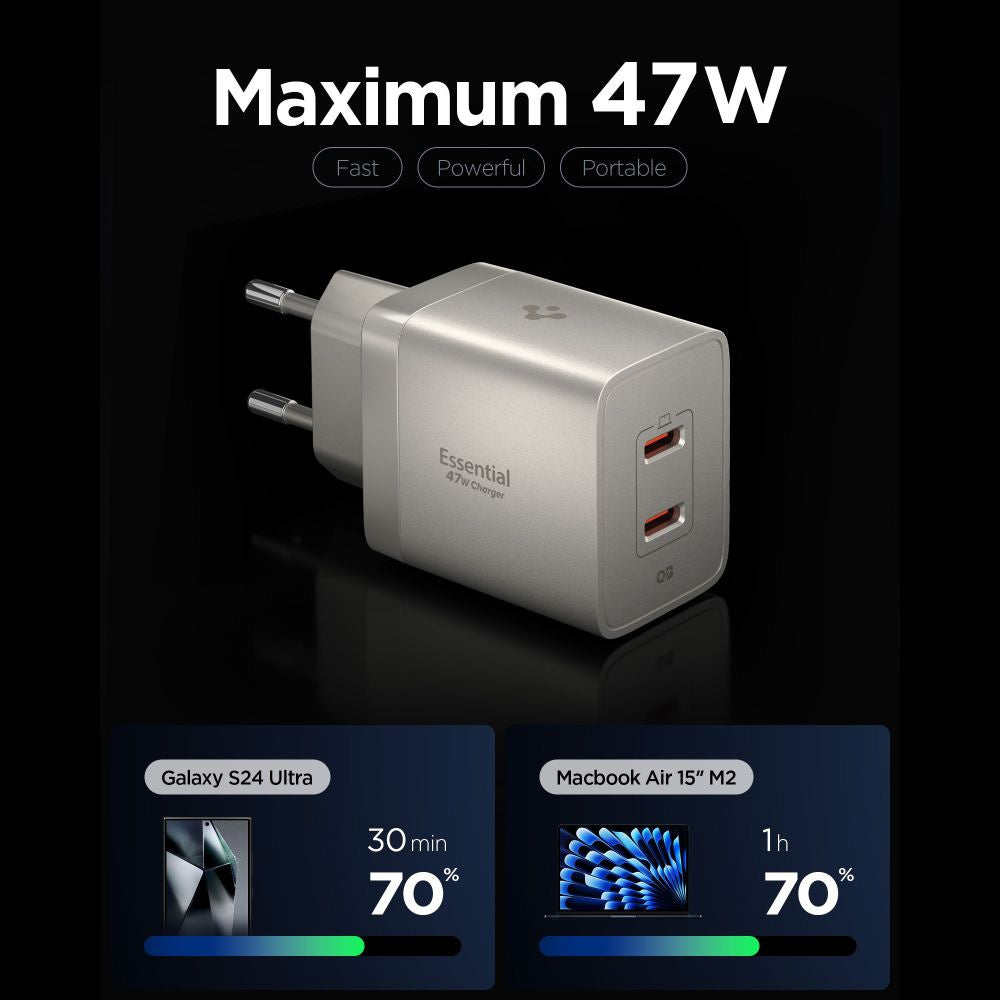 Incarcator Spigen (ACH10451), 2x Type-C, 47W, Fast Charging, Argintiu