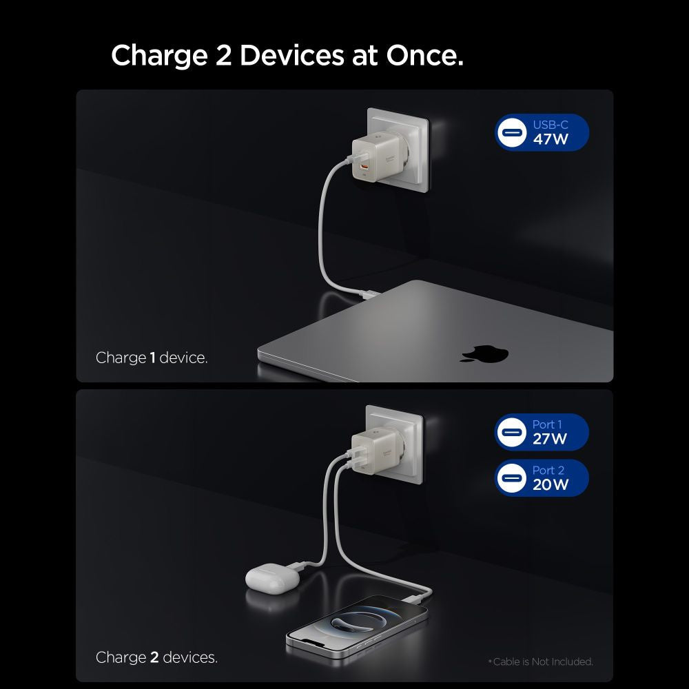 Incarcator Spigen (ACH10451), 2x Type-C, 47W, Fast Charging, Argintiu
