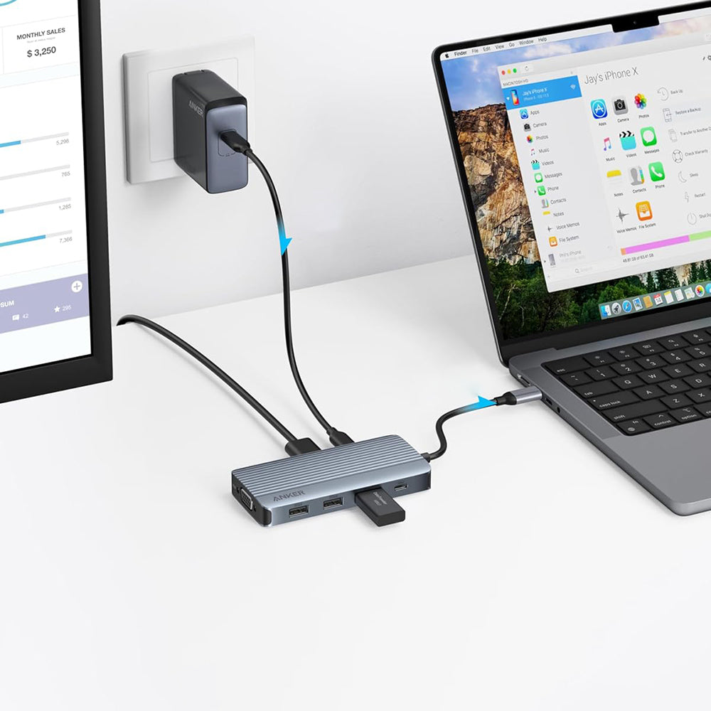 Hub Anker (A83790A2), 2x USB-C / 3x USB / 2x HDMI / VGA, Triple Display 4K@60Hz, Gri