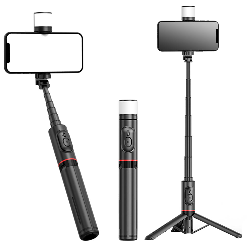 Suport Techsuit Selfie Stick (Q12S), Stable Tripod Mount with Bluetooth Remote and LED Light, 75cm, Negru