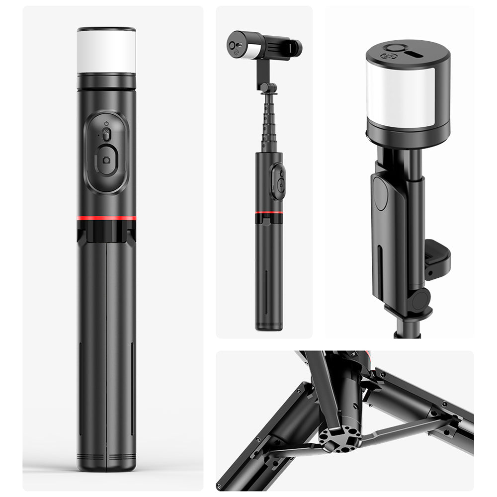 Suport Techsuit Selfie Stick (Q12S), Stable Tripod Mount with Bluetooth Remote and LED Light, 75cm, Negru