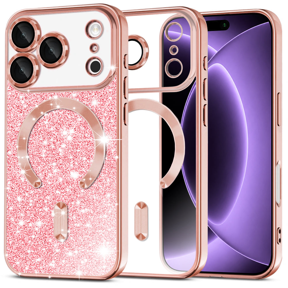 Husa de protectie Techsuit Luxury Glitter MagSafe compatibil cu iPhone 18 Pro / iPhone 17 Pro, Roz Auriu