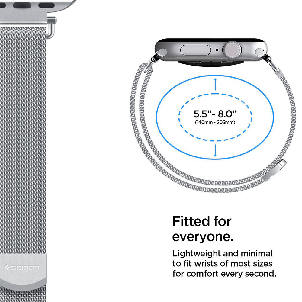 Curea smartwatch Spigen WBM4 compatibil cu Apple Watch 12 / 11 / 10 / 9 / 8 / 7 / SE, Argintiu