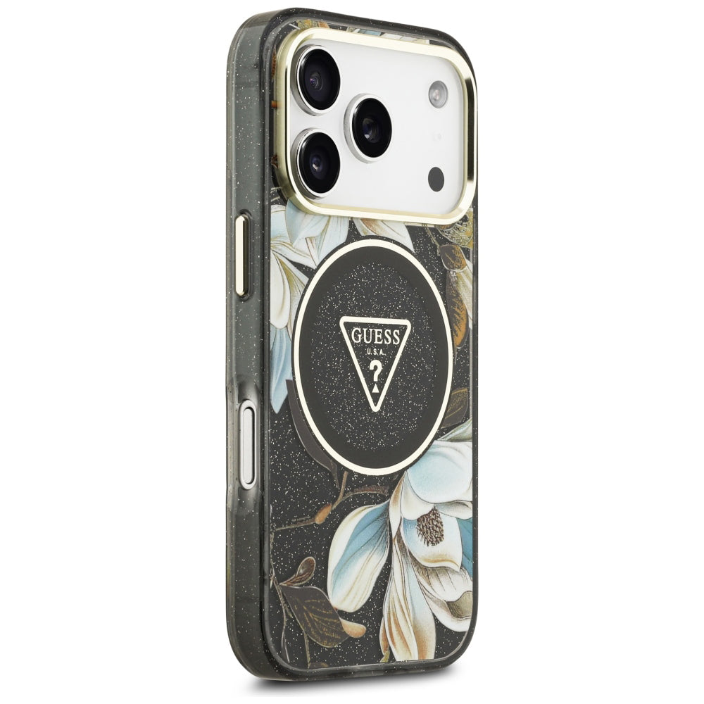 Husa de protectie Guess IML Glitter Flowers Triangle compatibil cu iPhone 18 Pro, Negru