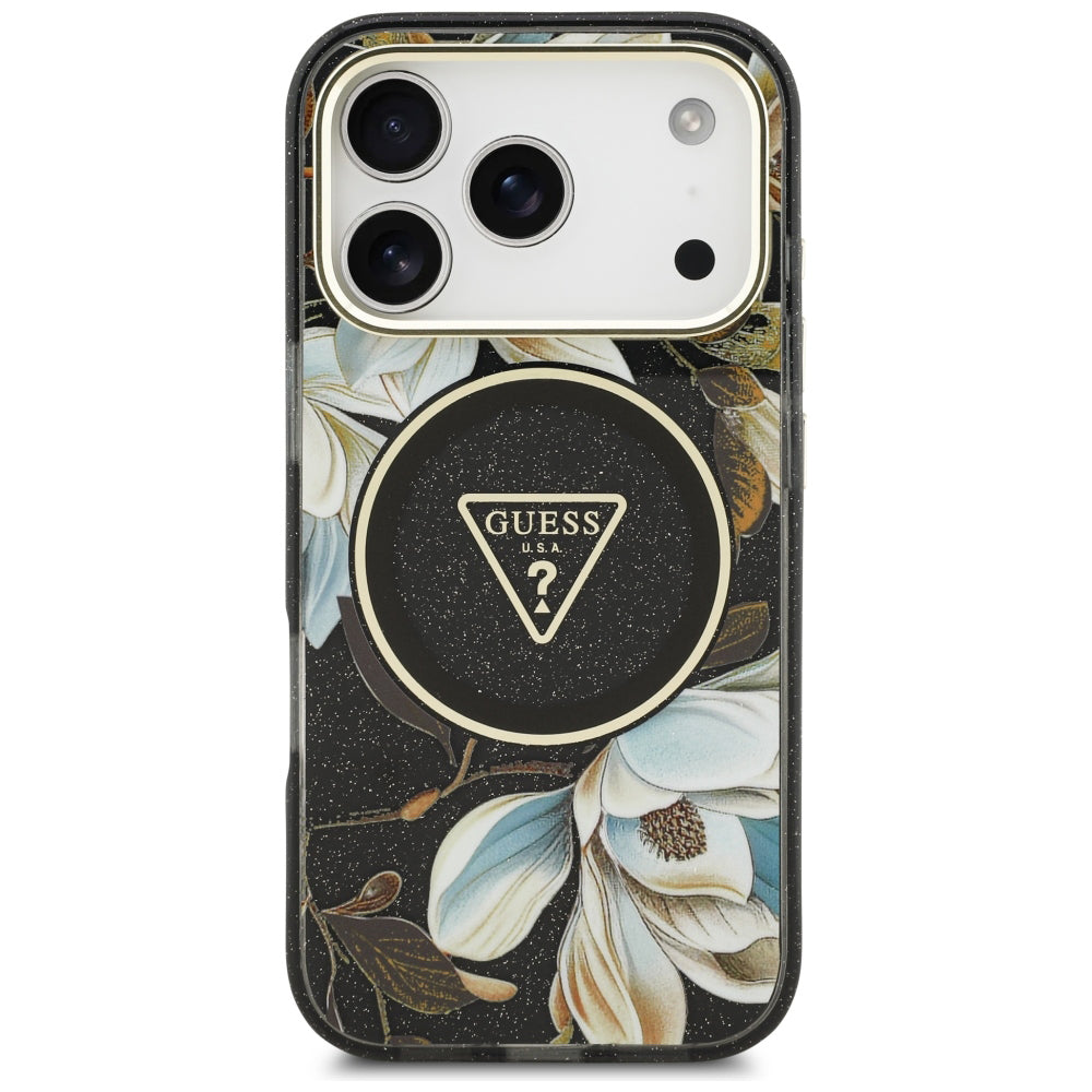 Husa de protectie Guess IML Glitter Flowers Triangle compatibil cu iPhone 18 Pro, Negru