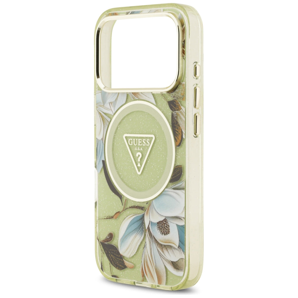 Husa de protectie Guess IML Glitter Flowers Triangle compatibil cu iPhone 18 Pro / iPhone 17 Pro, Verde