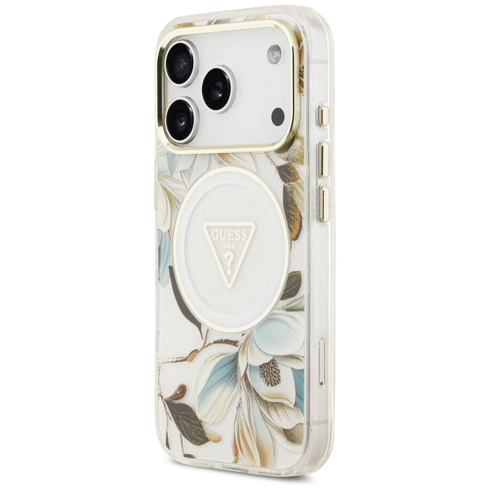 Husa de protectie Guess IML Glitter Flowers Triangle compatibil cu iPhone 18 Pro / iPhone 17 Pro, Alb