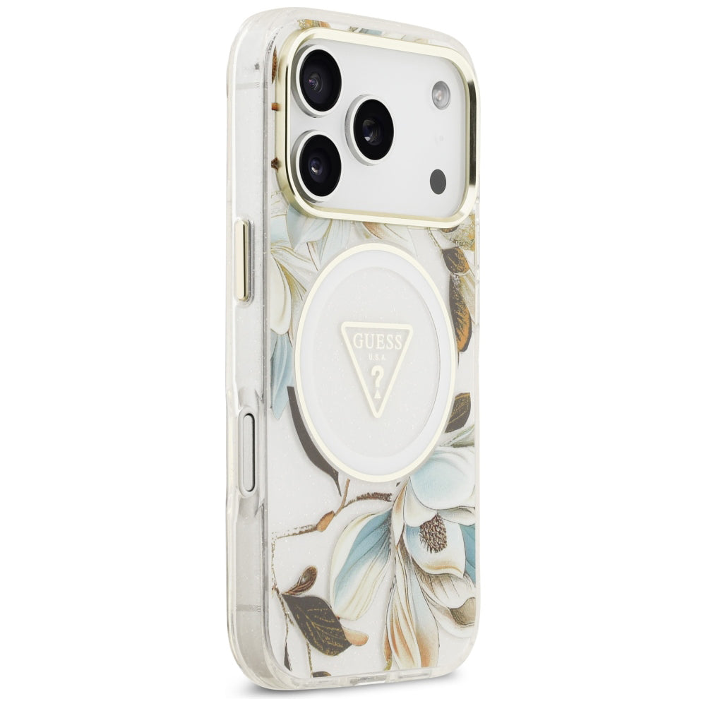 Husa de protectie Guess IML Glitter Flowers Triangle compatibil cu iPhone 18 Pro / iPhone 17 Pro, Alb