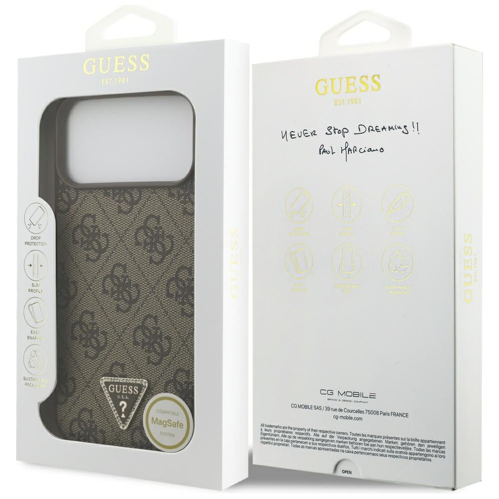 Husa de protectie Guess Leather 4G Triangle Strass compatibil cu iPhone 18 Pro Max / iPhone 17 Pro Max, Maro