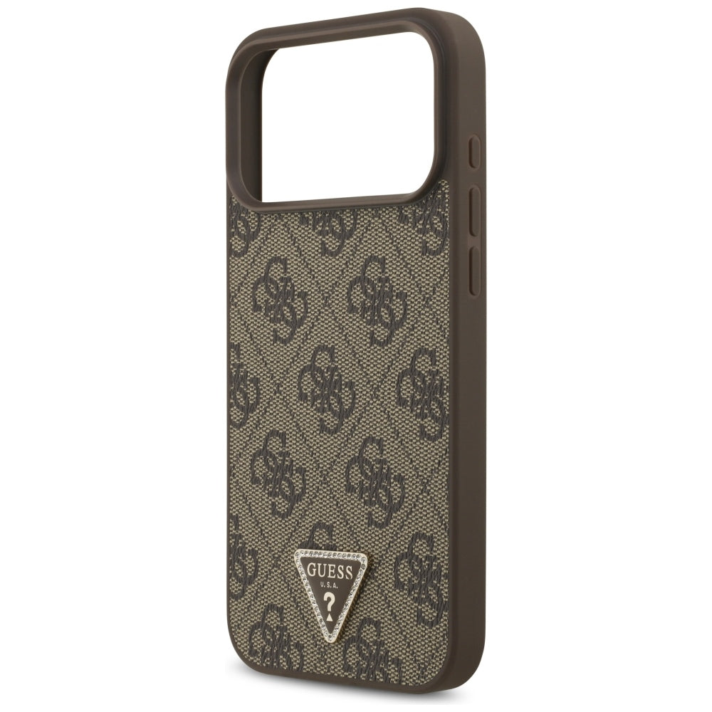 Husa de protectie Guess Leather 4G Triangle Strass compatibil cu iPhone 18 Pro Max / iPhone 17 Pro Max, Maro