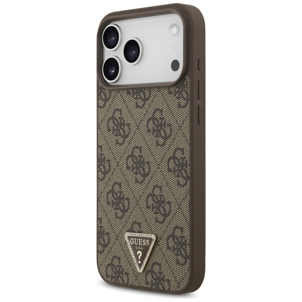 Husa de protectie Guess Leather 4G Triangle Strass compatibil cu iPhone 18 Pro Max / iPhone 17 Pro Max, Maro