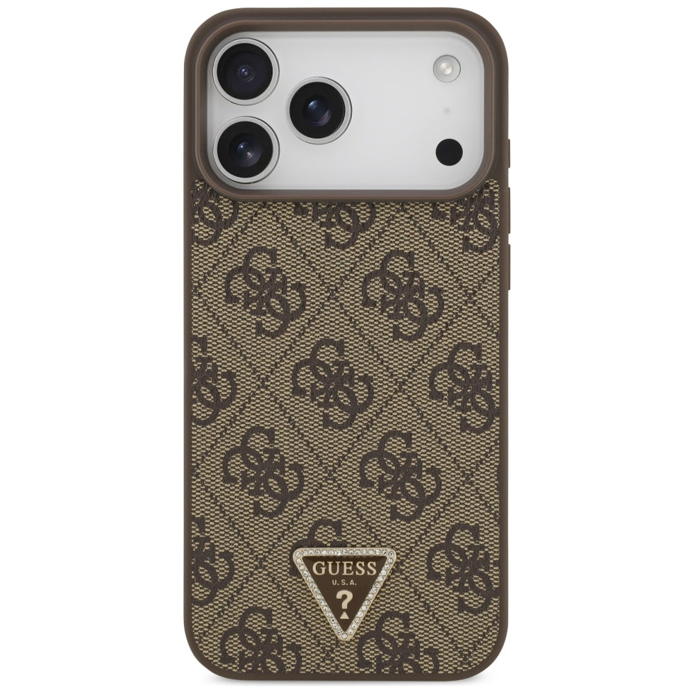 Husa de protectie Guess Leather 4G Triangle Strass compatibil cu iPhone 18 Pro Max / iPhone 17 Pro Max, Maro