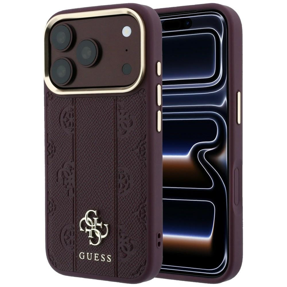 Husa de protectie Guess Leather Stripe Peony 4G MagSafe compatibil cu iPhone 18 Pro / iPhone 17 Pro, Roșu Burgundy