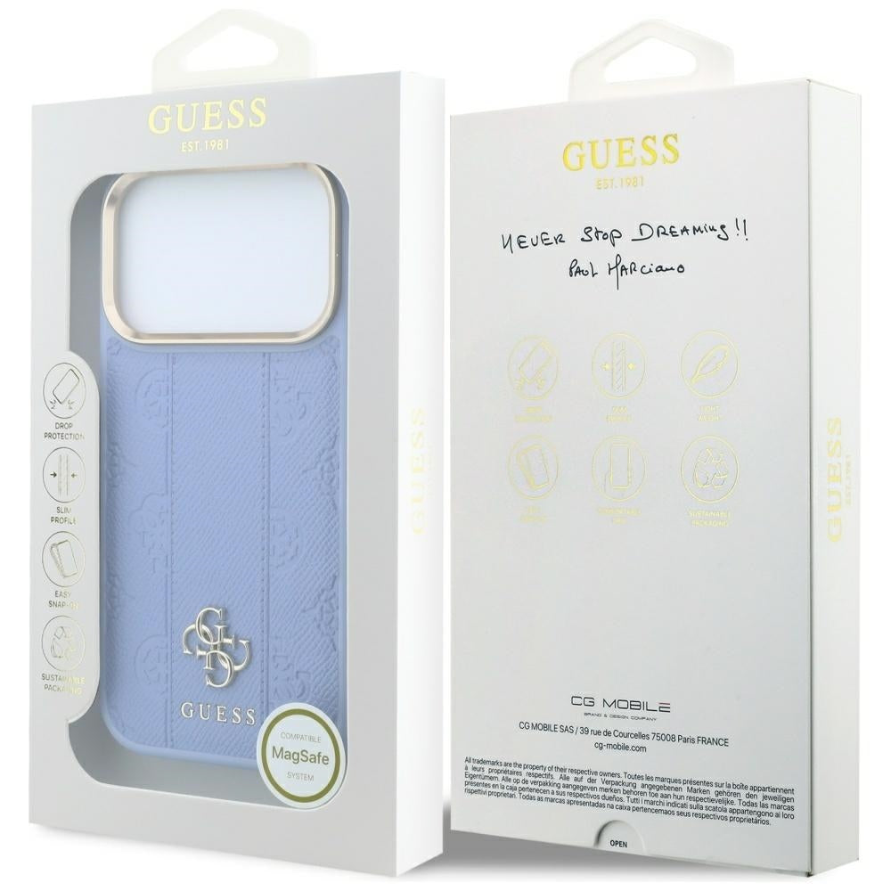 Husa de protectie Guess Leather Stripe Peony 4G compatibil cu iPhone 17 Pro Max / iPhone 18 Pro Max, Albastru