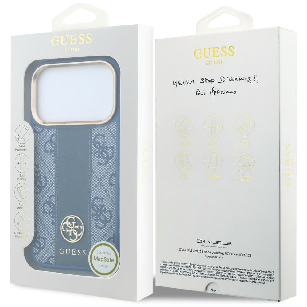 Husa de protectie Guess Leather 4G Stripe compatibil cu iPhone 17 Pro Max / iPhone 18 Pro Max, Albastru