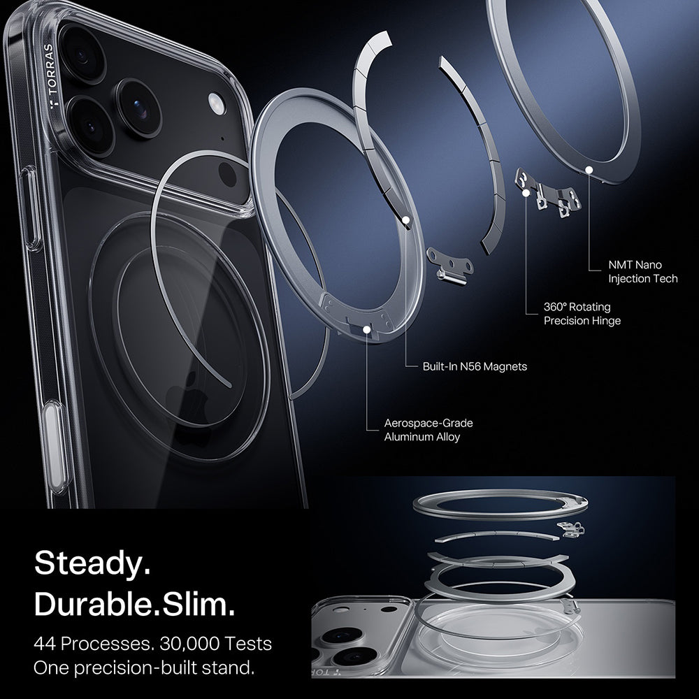 Husa de protectie Torras Ostand O1 Guardian compatibil cu iPhone 17 Pro / iPhone 18 Pro, Transparent