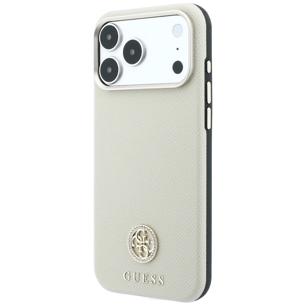 Husa de protectie Guess Grained Leather Round Strass Logo MagSafe compatibil cu iPhone 18 Pro Max / iPhone 17 Pro Max, Bej