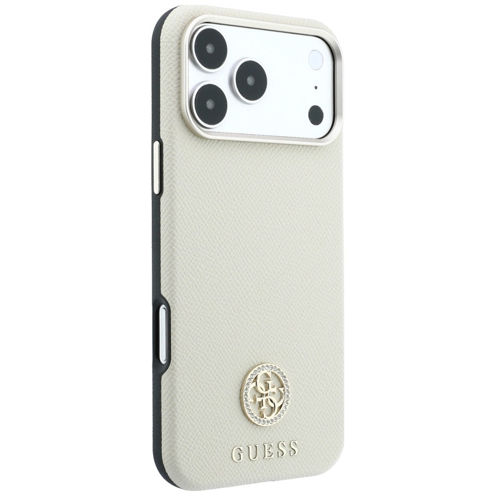Husa de protectie Guess Grained Leather Round Strass Logo MagSafe compatibil cu iPhone 18 Pro Max / iPhone 17 Pro Max, Bej