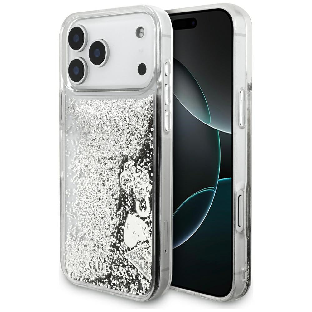 Husa de protectie Guess Liquid Glitter Charms compatibil cu iPhone 17 Pro Max / iPhone 18 Pro Max, Argintiu