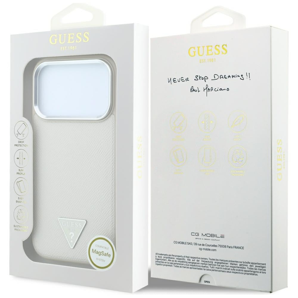 Husa de protectie Guess Grained Triangle Logo MagSafe compatibil cu iPhone 18 Pro / iPhone 17 Pro, Bej