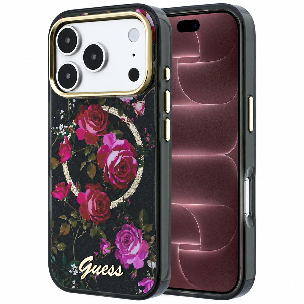 Husa de protectie Guess Glitter Blossom Roses compatibil cu iPhone 18 Pro Max / iPhone 17 Pro Max, Negru