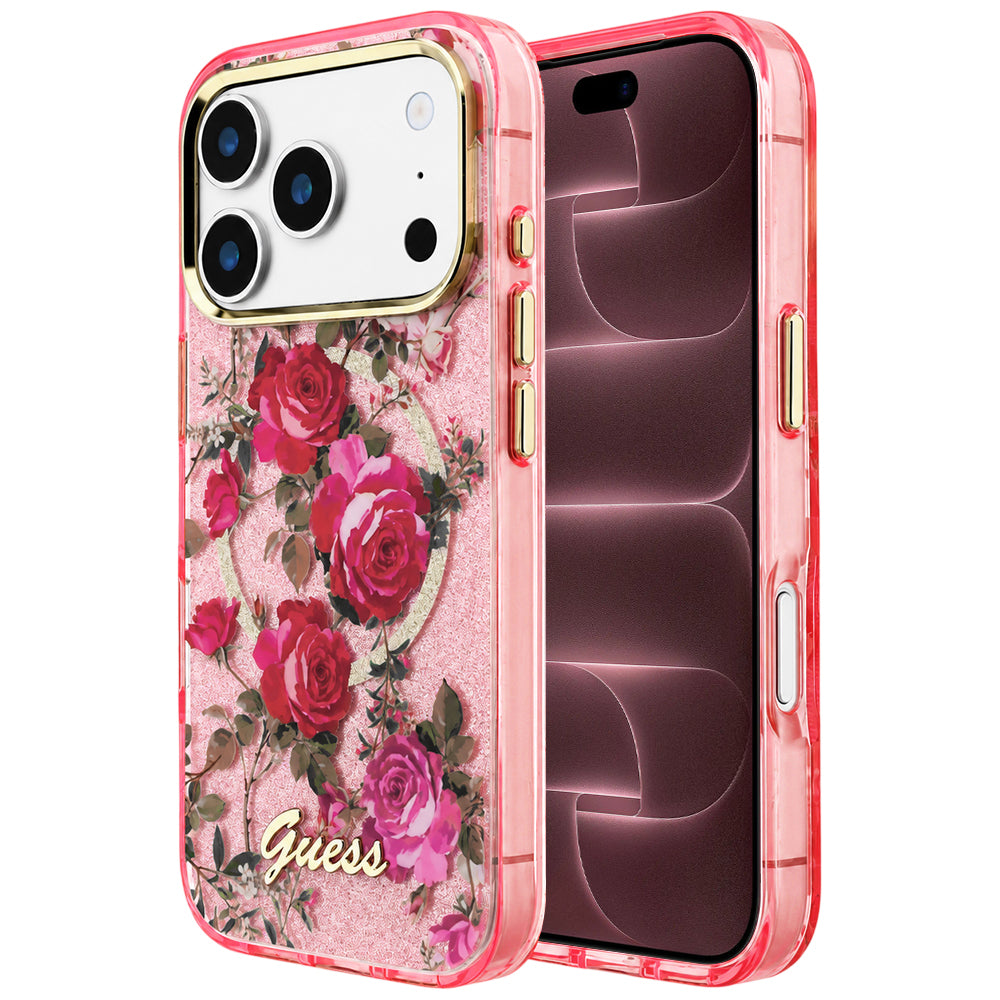 Husa de protectie Guess Glitter Blossom Roses compatibil cu iPhone 18 Pro Max / iPhone 17 Pro Max, Roz