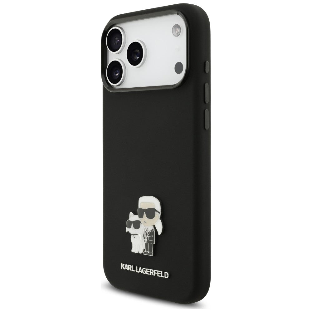 Husa de protectie Karl Lagerfeld Silicone Karl & Choupette Metal Pin compatibil cu iPhone 17 Pro Max / iPhone 18 Pro Max, Negru