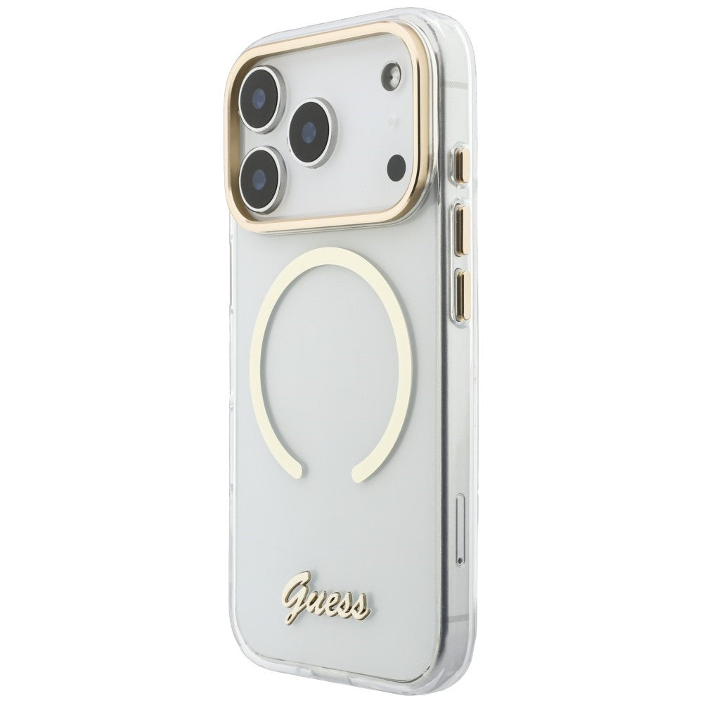 Husa de protectie Guess IML Script Metal MagSafe compatibil cu iPhone 18 Pro / iPhone 17 Pro, Transparent