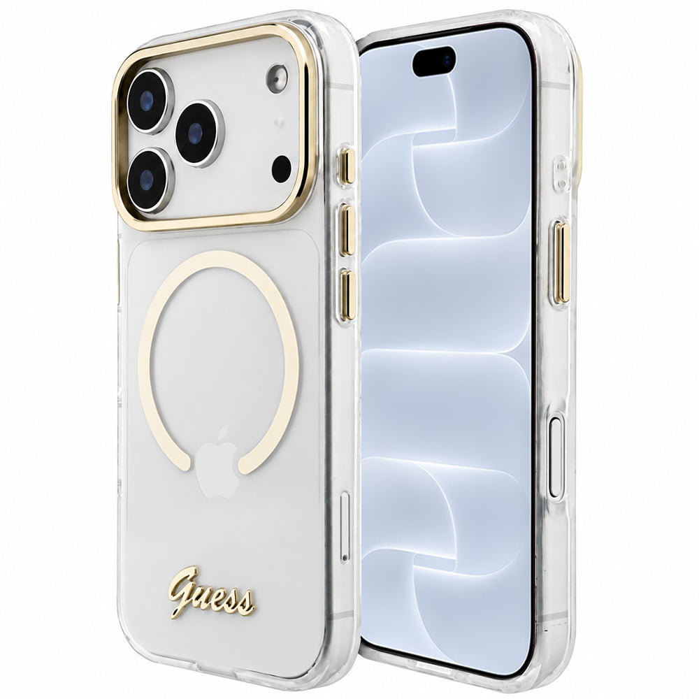 Husa de protectie Guess IML Script Metal MagSafe compatibil cu iPhone 18 Pro / iPhone 17 Pro, Transparent