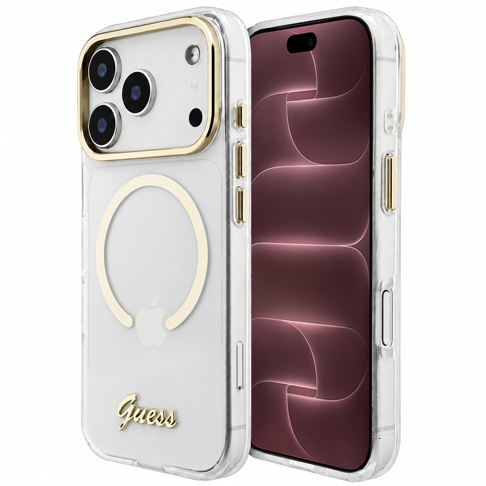 Husa de protectie Guess IML Script Metal MagSafe compatibil cu iPhone 18 Pro Max / iPhone 17 Pro Max, Transparent