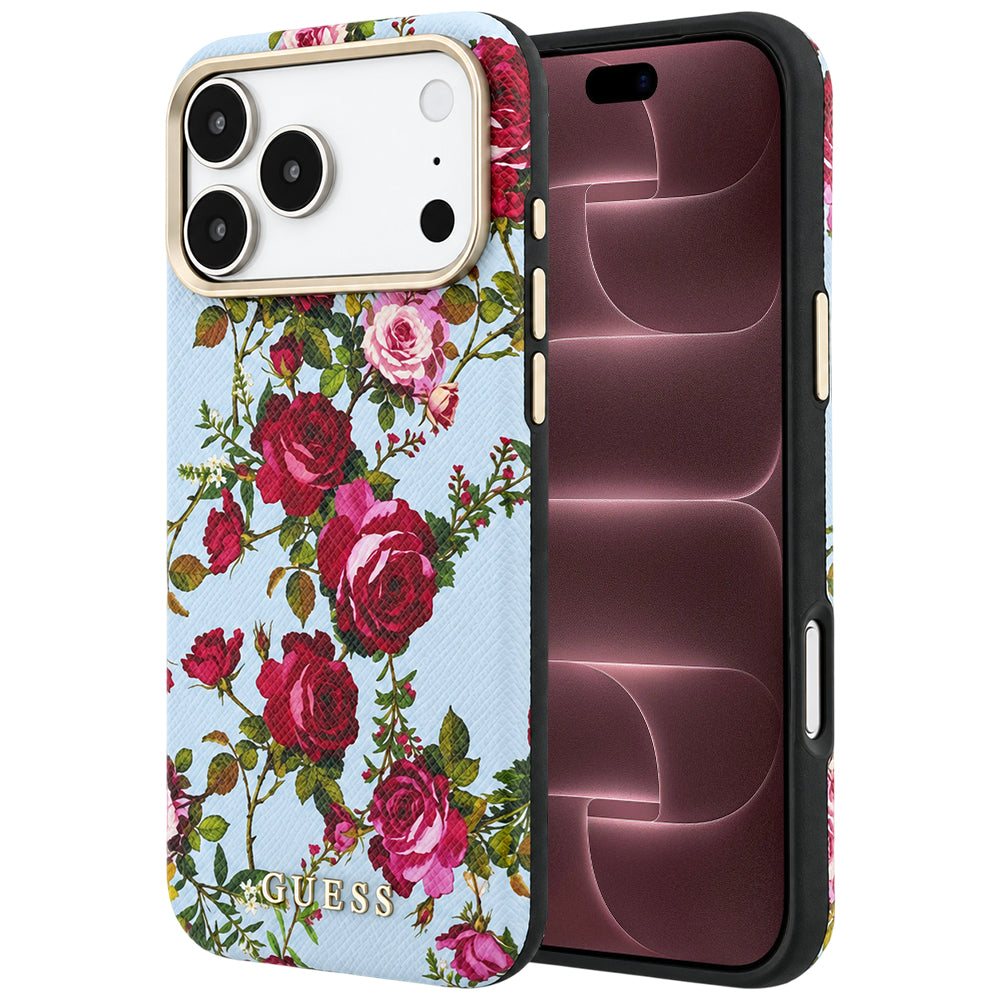 Husa de protectie Guess Blossom Roses Print compatibil cu iPhone 17 Pro Max / iPhone 18 Pro Max, Albastru