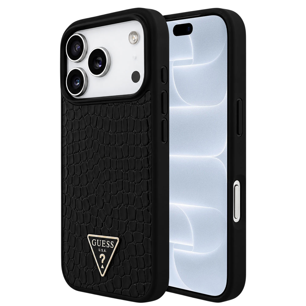 Husa de protectie Guess Croco Triangle Logo compatibil cu iPhone 18 Pro / iPhone 17 Pro, Negru