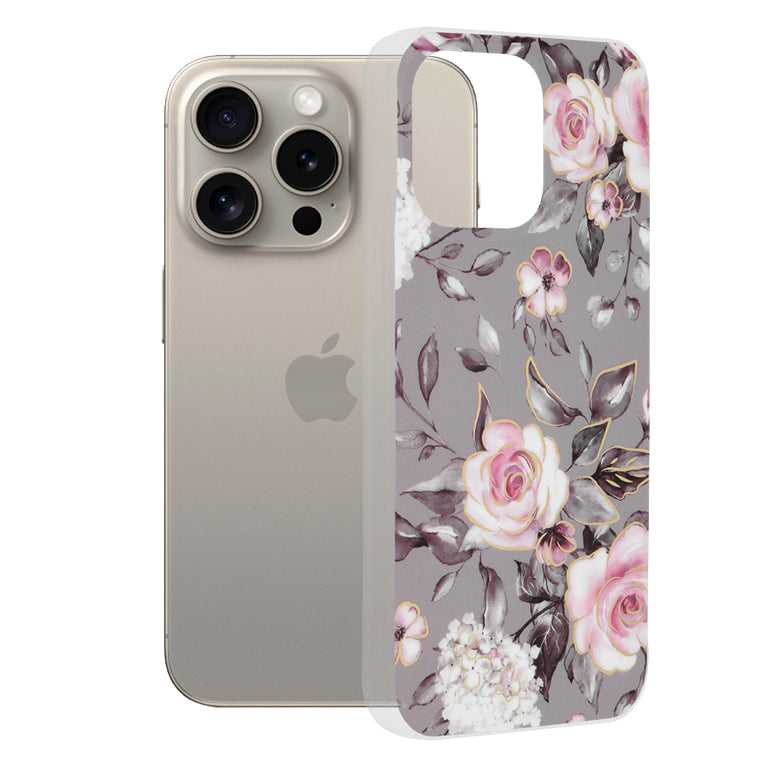 Husa de protectie Techsuit Marble Series compatibil cu iPhone 15 Pro Max, Bloom of Ruth Gray