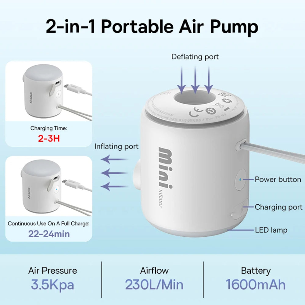 Gadget Baseus Air Pump PocketGo (C11157700221-00), Portable, Rechargeable, Multifunctional, LED Light, 230l/min, 3.5kPa, Alb