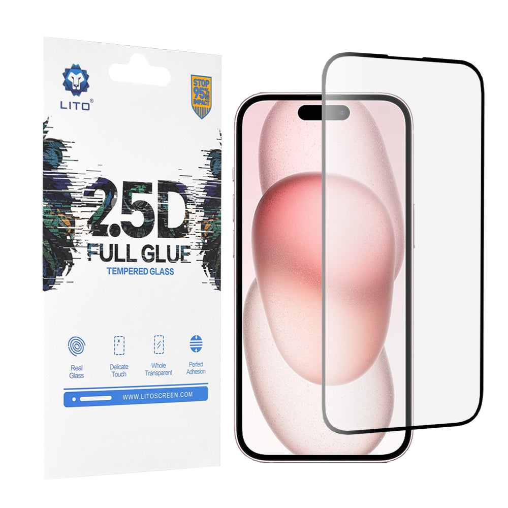 Folie de protectie Lito 2.5D FullGlue Glass compatibil cu iPhone 15, Negru
