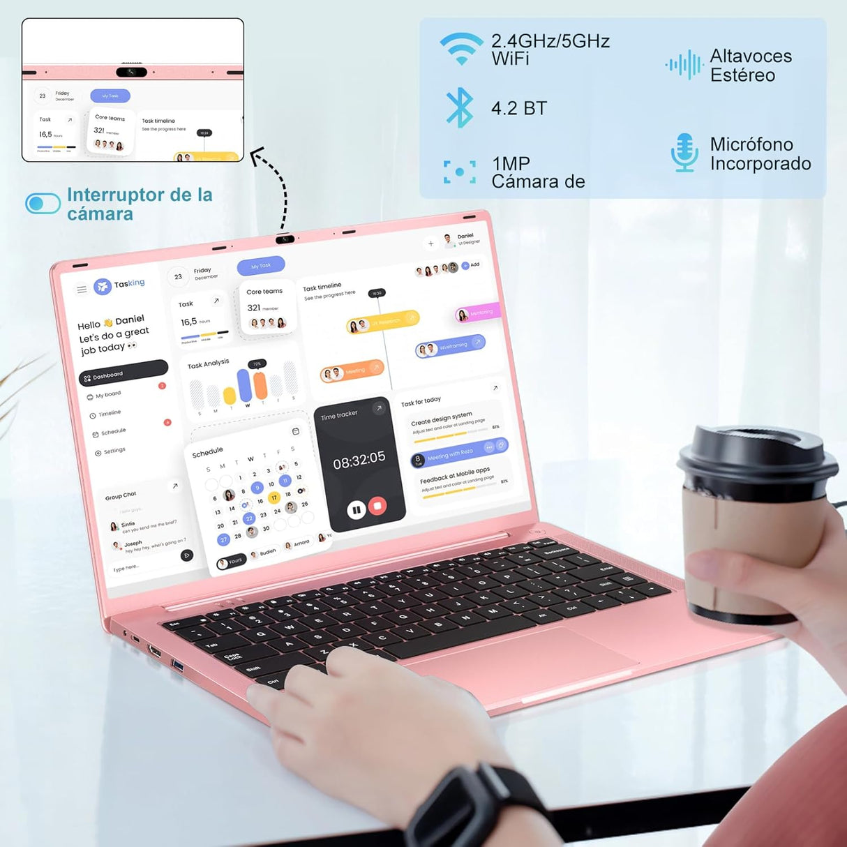 Ruzava laptop, 8 GB RAM, 256 GB SSD, 1 TB-ig bővíthető, Celeron N5095 (akár 2,9 GHz), Win 11, 5G WiFi, fém burkolat, webkamera-takaró, vezeték nélküli egér, billentyűzetvédő fólia - Arany