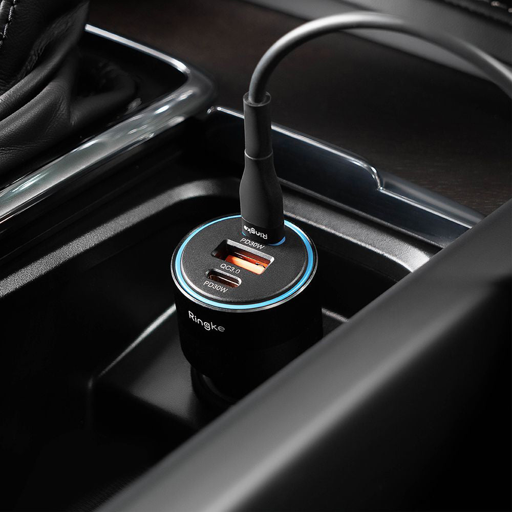Incarcator Ringke Car, USB, 2x Type-C, PD30W, QC3.0, with Ambiental Light, Negru