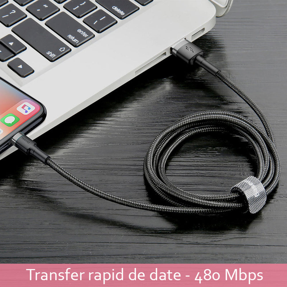 Cablu Baseus Cafule (CALKLF-BV1), USB to Lightning, 2.4A, 480Mbps, 1m, Negru / Gold