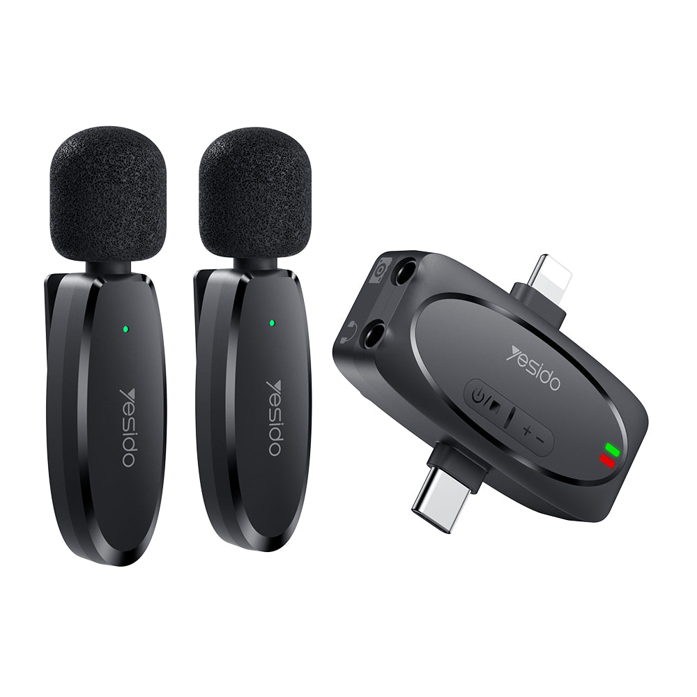 Casti Yesido (set de 2) Wireless Lavalier Microphones (KR15), 3 in 1 Receiver, TC, Lighting, 3.5mm Jack, 2.4GHz, Negru
