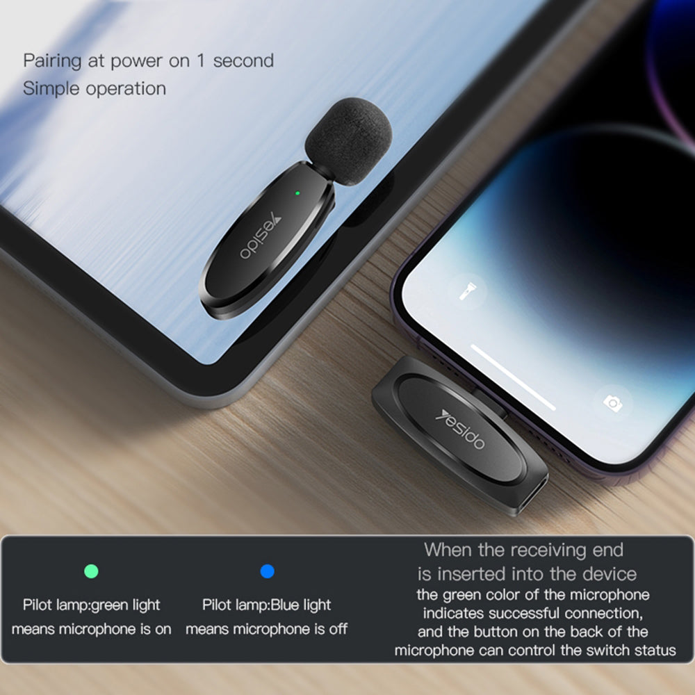Casti Yesido (set de 2) Wireless Lavalier Microphones (KR15), 3 in 1 Receiver, TC, Lighting, 3.5mm Jack, 2.4GHz, Negru