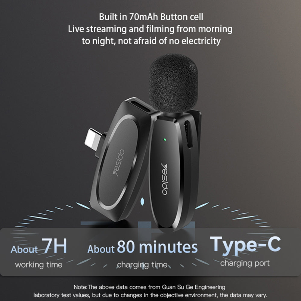 Casti Yesido (set de 2) Wireless Lavalier Microphones (KR15), 3 in 1 Receiver, TC, Lighting, 3.5mm Jack, 2.4GHz, Negru