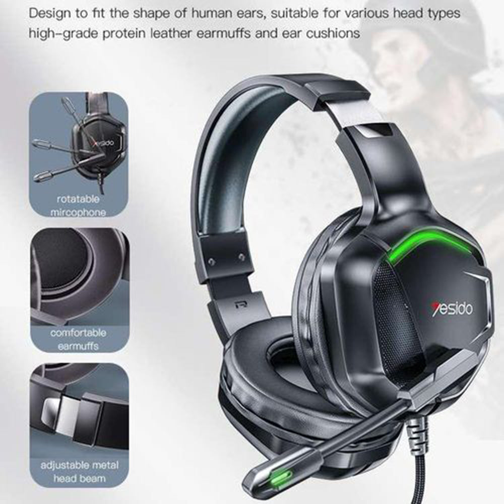 Casti Yesido Wired (EK01), for Gaming, Jack 3.5mm, with Microphone, RGB LED Lights, Negru