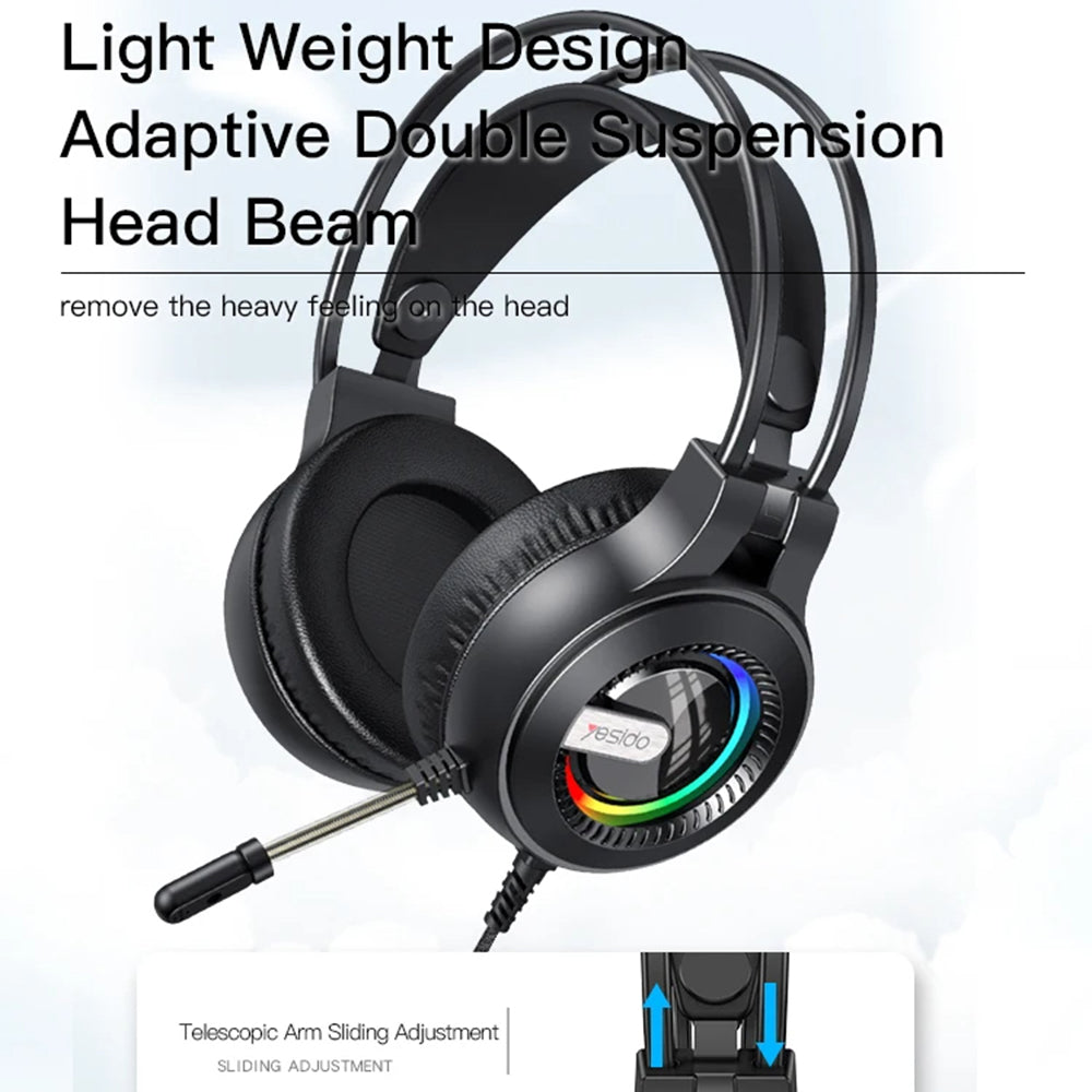 Casti Yesido Wired (EK02), for Gaming, Jack 3.5mm, with Microphone, RGB LED Lights, Negru