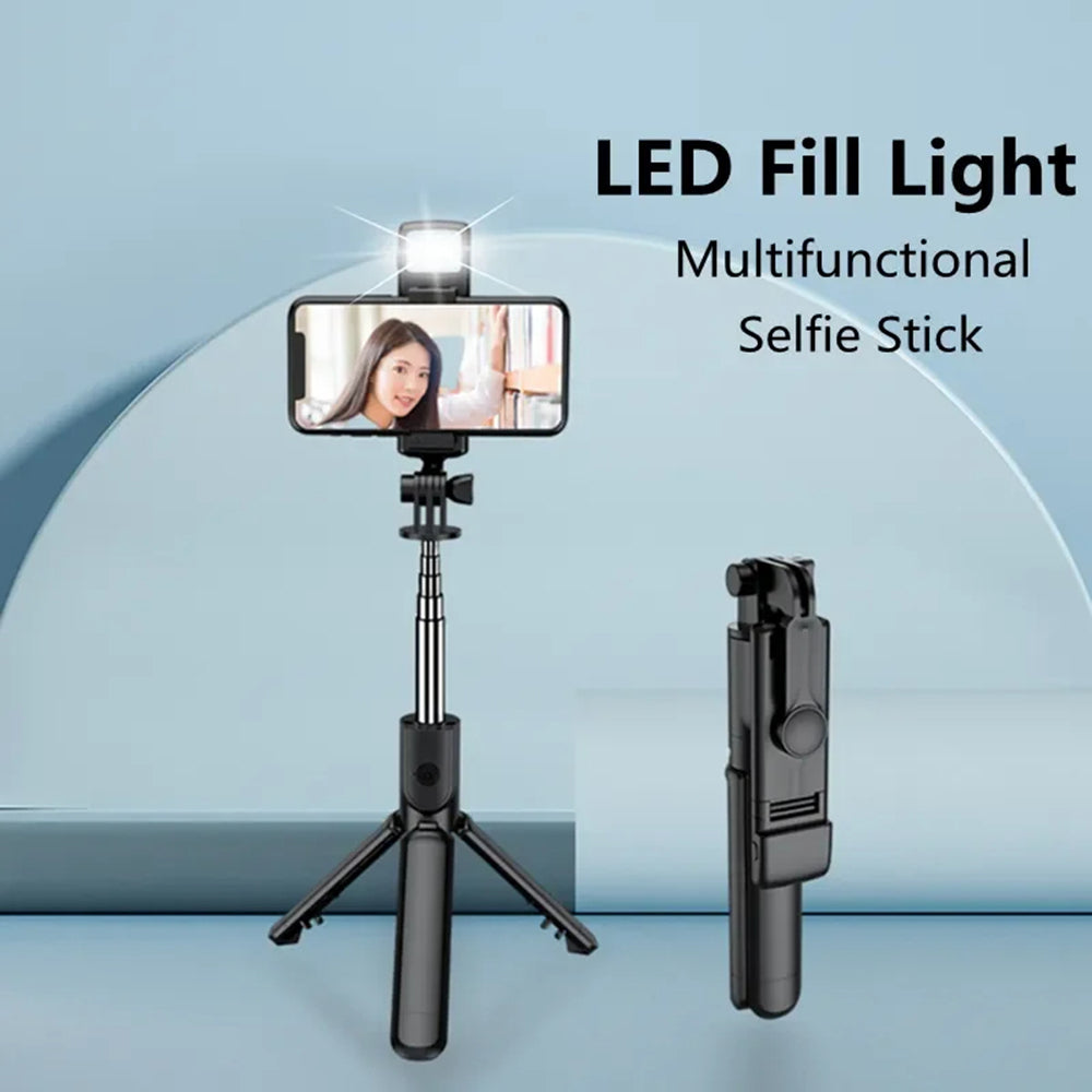 Suport Techsuit Mini Selfie Stick (S03-S), Stable & Compact Tripod Mount, Bluetooth Remote Control, LED Light, 67cm, Negru